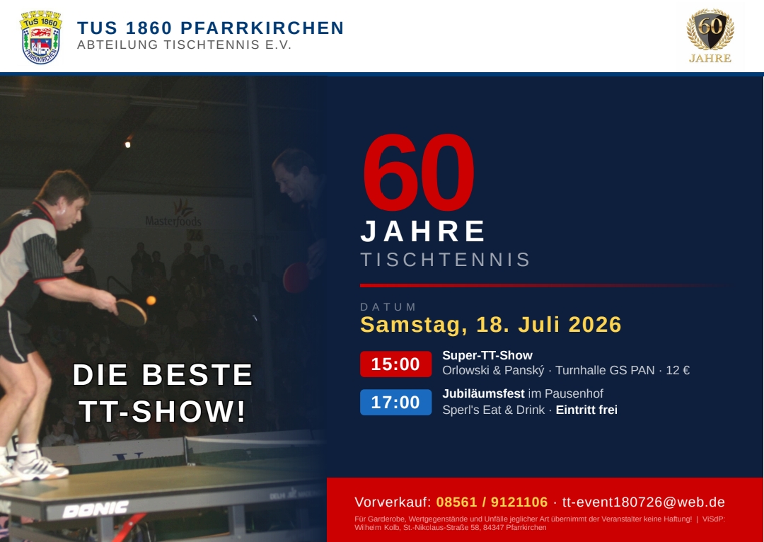 Plakat: 60 Jahre Tischtennis, Super-TT-Show am Samstag, 18. Juli 2026